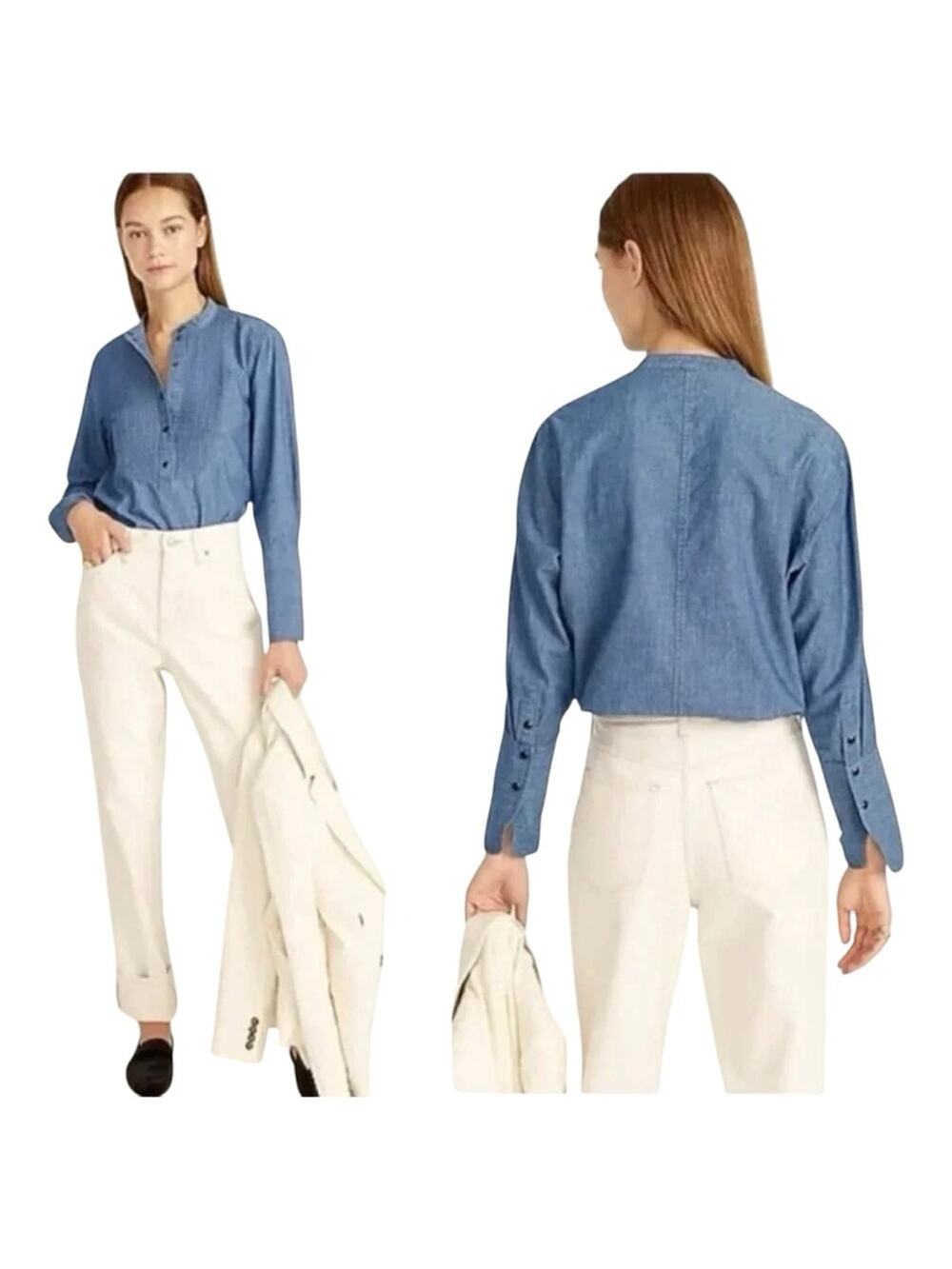 J.Crew Classic-fit Chambray Tuxedo Popover Shirt Classic Coastal Sz 12